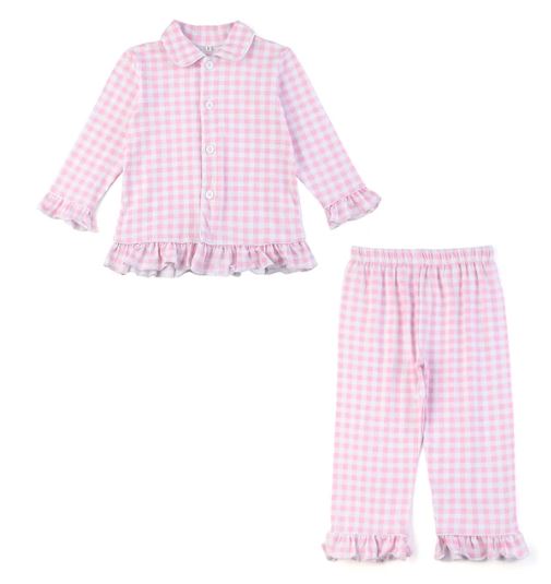 Girls Pink Check Button Pyjama