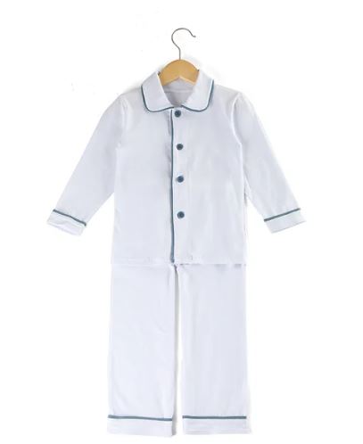 Boys White with Blue Piping Cotton Pyjama