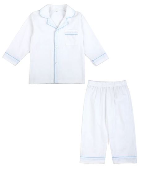 Boys White with Blue Piping Seersucker Pyjama Sets - Long