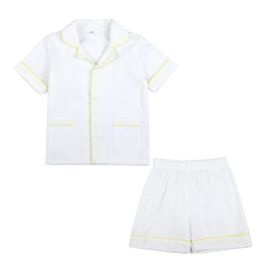 Boys White with Yellow Piping Seersucker Pyjama Sets