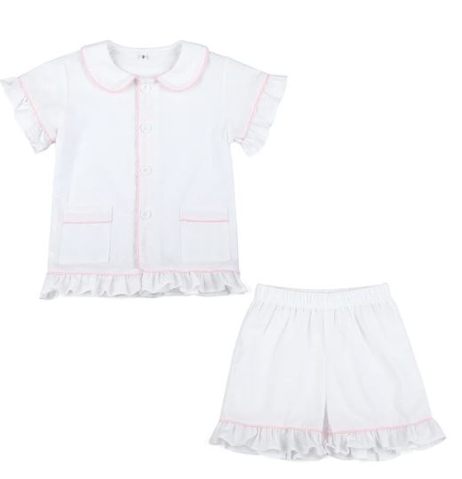 Girls White with Pink Piping Seersucker Pyjama Sets