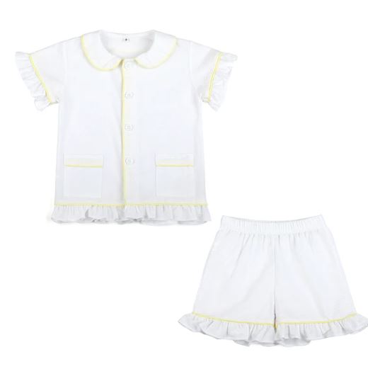 Girls White with Yellow Piping Seersucker Pyjama Sets