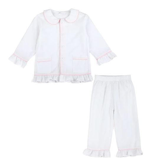 Girls White with Pink Piping Seersucker Pyjama Sets - Long